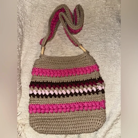 NWT Handcrafted Pink and Tan Crochet Crossbody Bag - Picture 4 of 13